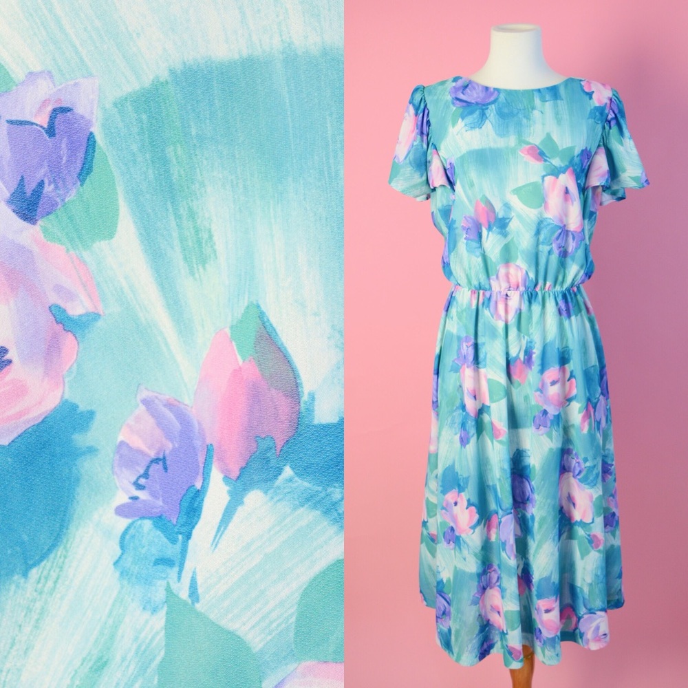 💙 Vintage 70s Floral Day Dress Green Blue Pink